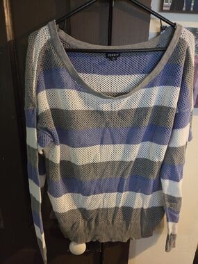 torrid Gray, Blue & White Striped Open-Knit Scoop Neck Sweater